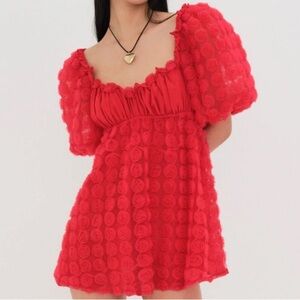 $294 NWT For Love & Lemons M Hannah Mini Dress Floral Rose Red Appliqué Mesh